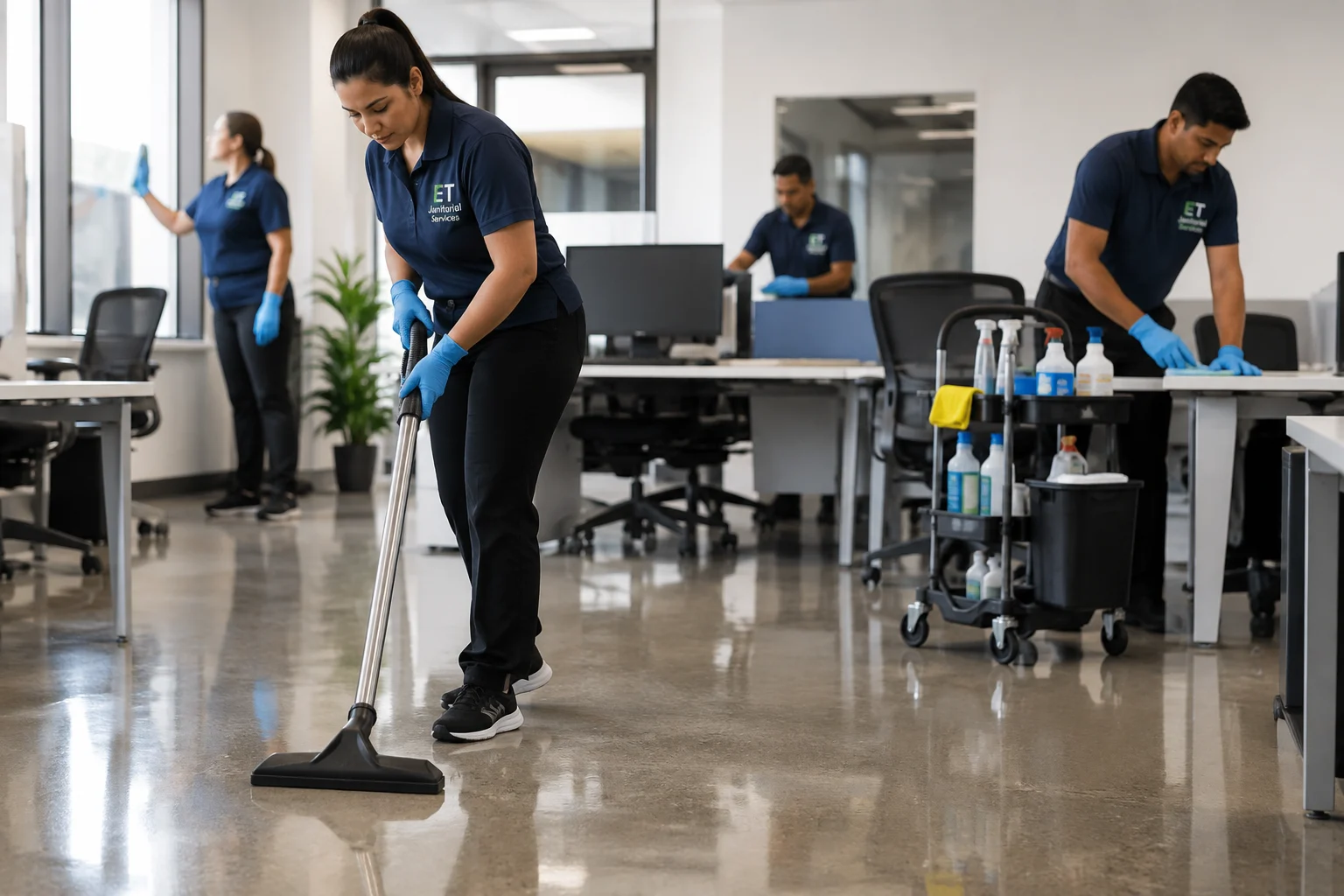 ET Janitorial Services commercial cleaning team cleaning a modern office in Jacksonville, FL