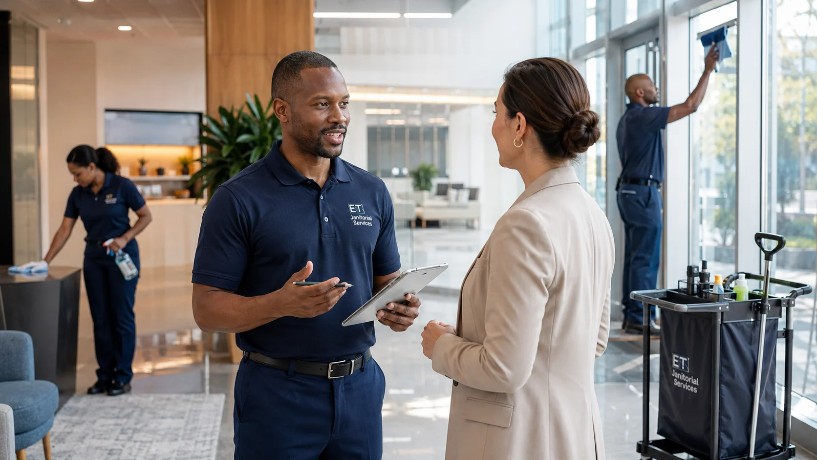 Professional ET Janitorial Services team discussing commercial cleaning solutions with a business owner in a modern Jacksonville office