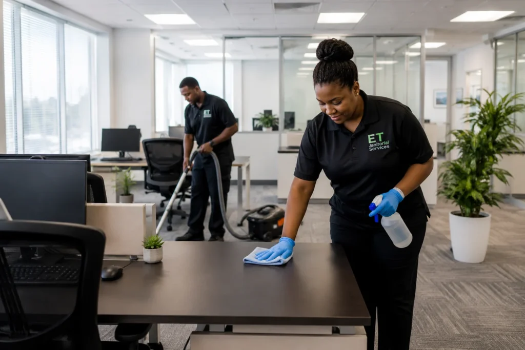ET Janitorial Services professional cleaning a Jacksonville office workspace