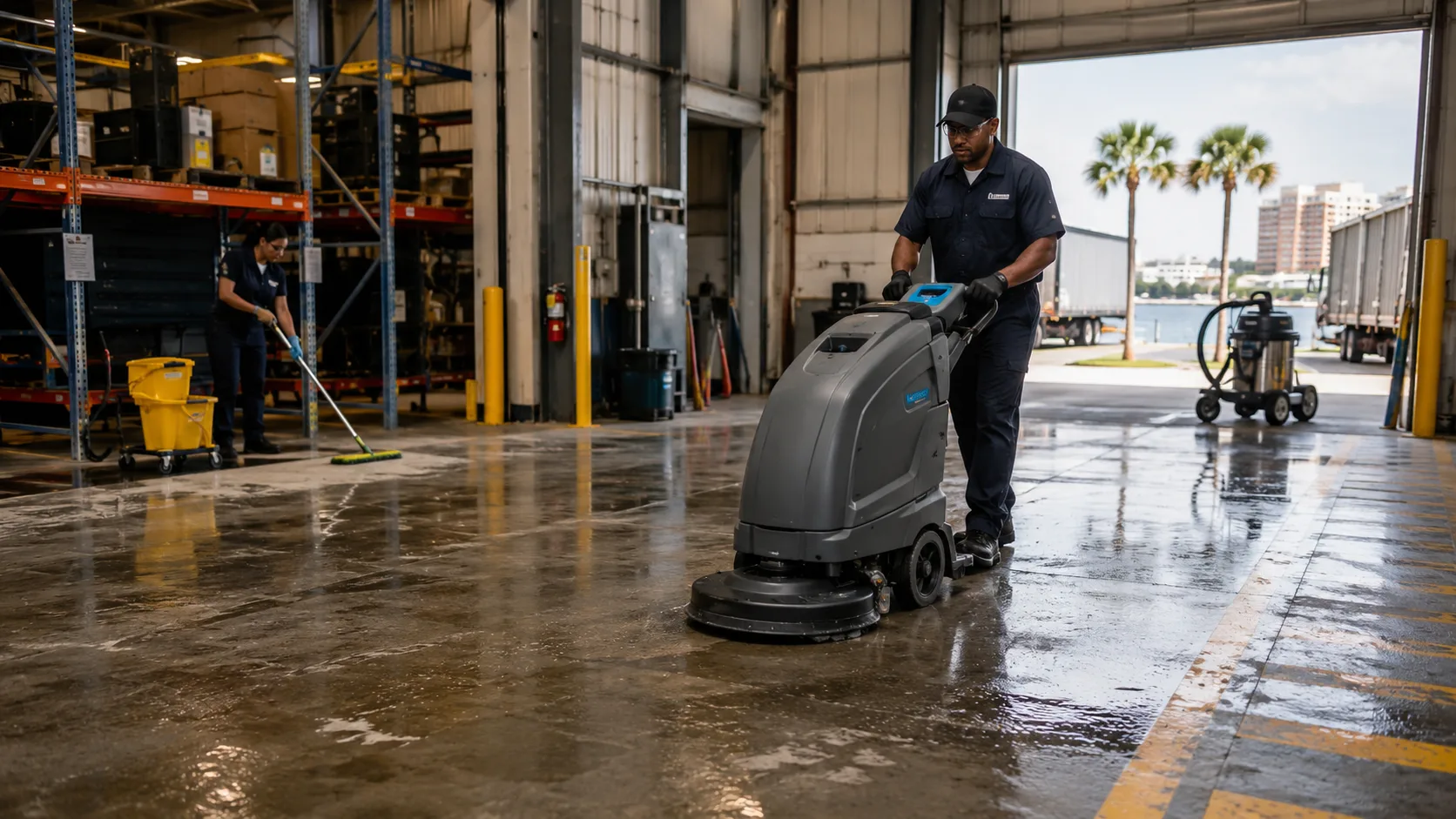 ET Janitorial Services team performing professional industrial cleaning in a Jacksonville warehouse